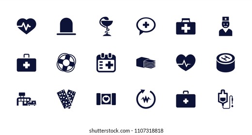 Emergency icon. collection of 18 emergency filled icons such as siren, heartbeat, first aid kit, drop counter, bandage. editable emergency icons for web and mobile.