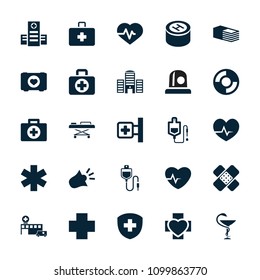 Emergency icon. collection of 25 emergency filled icons such as heartbeat, case with heart, medical cross, hospital, drop counter. editable emergency icons for web and mobile.