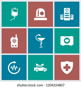 Emergency icon. collection of 9 emergency filled icons such as case with heart, hospital, medical sign, drop counter, medicine. editable emergency icons for web and mobile.