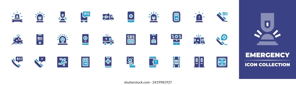 Sammlung von Notfallsymbolen. Duotonfarbe. Vektorgrafik und transparente Illustration. Enthält Sirenen, technische Unterstützung, Presse, Krankenwagen, Alarm, Anruf, Notausgang, Taste, Notfall.