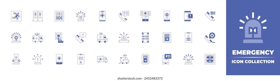 Colección de iconos de emergencia. Trazo de línea de estilo duotono y negrita. Ilustración vectorial. Con sirena, Asistencia tecnológica, prensa, ambulancia, alarma, llamada de urgencia, salida de urgencia, Botón de urgencia.