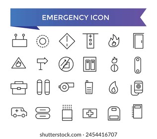 Emergency icon collection. Related to ambulance, lifebuoy, first aid, police, medical, emergency exit, hospital and SOS icons. Line icon set.