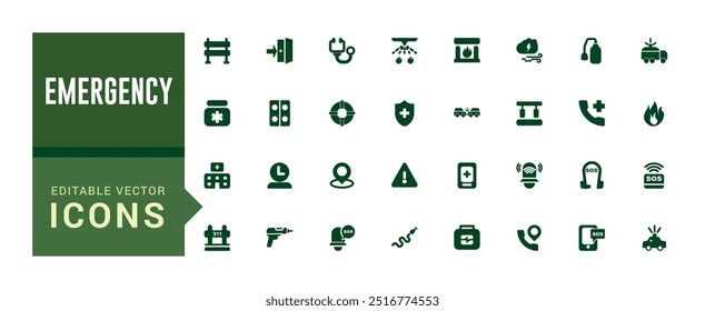 Emergency icon collection. Related to ambulance, lifebuoy, first aid, glyph icon collection for web and ui. Filled icon pack, editable stroke. Solid icon set. Vector illustration.