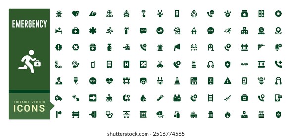 Emergency icon collection. Related to ambulance, lifebuoy, first aid, glyph icon collection for web and ui. Filled icon pack, editable stroke. Solid icon set. Vector illustration.