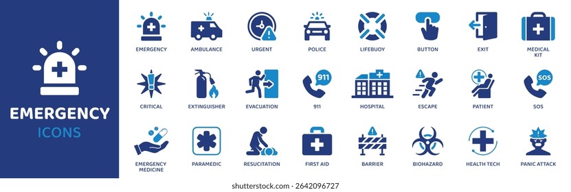 Emergency - Icon Collection. Thin Line Set contains such Icons as Emergency, Alarm, Alert, Siren, Danger, Fire, Rescue and more. Simple web icons set.