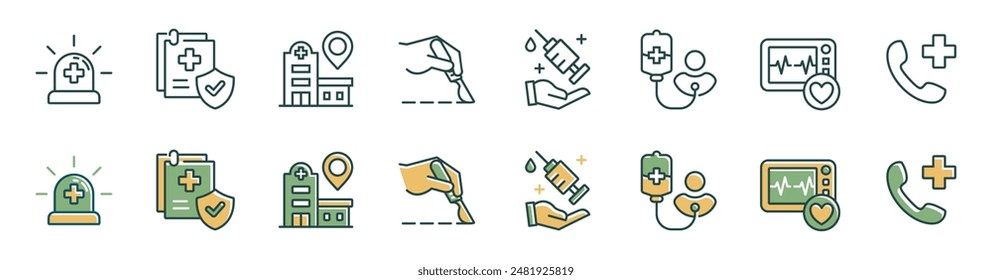 emergency icon line vector set. Containing hospital, ambulance, surgery, insurance, patient, sos call signs illustration collection