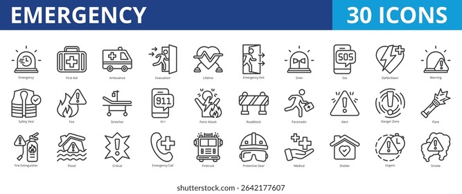 Emergency icon pack collection set for risk management and medical aid. With first aid, evacuation, sos, safety, protective gear, risk management, contingency, mitigation plan, disaster recovery