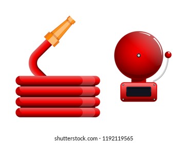 Emergency icon, red fire alarm system and fire hose. Fire alarm bell for warning about fire with loud ringing. Reel of hose for connection to hydrant and firefighting. Flat style vector illustration.