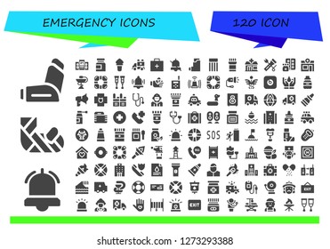  emergency icon set. 120 filled emergency icons. Simple modern icons about  - Inhaler, Alarm, Plastered arm, Loudspeaker, Medicine, Torch, Ambulance, Emergency kit, Inhalator