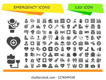  emergency icon set. 120 filled emergency icons. Simple modern icons about  - Doctor, Blood transfusion, Health, Medicine, Stethoscope, Tsunami, Walkie talkie, Lifesaver, Buoy