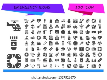 emergency icon set. 120 filled emergency icons.  Collection Of - Helicopter, Lifesaver, Blood test, Stretcher, Flashlight, Hospital, Torch, Ointment, Pharmacy, Medicine, Hydrant