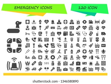 emergency icon set. 120 filled emergency icons.  Collection Of - Rubber ring, Siren, Lifebuoy, Lifesaver, Float, Torch, Health, Alarm, Pharmacist, Gauze, Hose, Walkie, Medical kit
