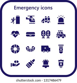 emergency icon set. 16 filled emergency icons.  Collection Of - Exit, Helicopter, Ambulance, Siren, Cardiogram, Float, Loudspeaker, Police car, Lifesaver, Gum shield, Blood test