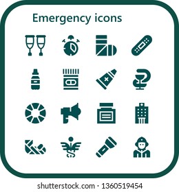 emergency icon set. 16 filled emergency icons.  Collection Of - Crutches, Alarm, Sling, Bandage, Medicine, Ointment, Pharmacy, Lifesaver, Loudspeaker, Hospital, Plastered arm