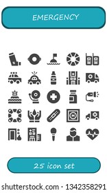 emergency icon set. 25 filled emergency icons.  Collection Of - Inhaler, Float, Buoy, Lifesaver, Walkie talkies, Police car, Medicine, Hospital, Ambulance, Alarm, Flashlight, Insurance