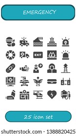 emergency icon set. 25 filled emergency icons.  Simple modern icons about  - Medicine, Ambulance, Tsunami, Buoy, Siren, Lifesaver, Exit, Flood, Plaster, Bandaged finger, Guard