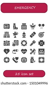 emergency icon set. 25 filled emergency icons.  Simple modern icons about  - Electrocardiogram, Inhaler, Medicine, Caduceus, Hospital, Pharmacy, Hydrant, Bandage, Hose, Veterinary