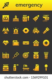 emergency icon set. 26 filled emergency icons.  Simple modern icons about  - Flood, Torch, Hospital, Medicine, Ointment, Helicopter, Biohazard, Siren, Float, Police car, Flashlight