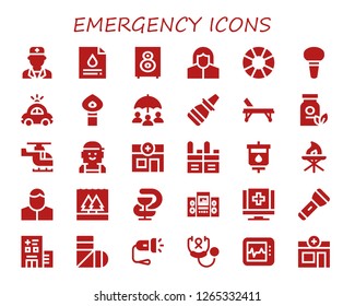  emergency icon set. 30 filled emergency icons. Simple modern icons about  - Doctor, Blood test, Loudspeaker, Pharmacist, Lifesaver, Enema, Police car, Torch, Insurance, Nasal spray
