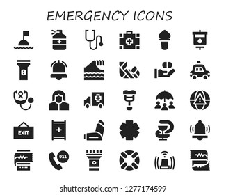  emergency icon set. 30 filled emergency icons. Simple modern icons about  - Buoy, Medicine, Stethoscope, Medical kit, Torch, Blood transfusion, Flashlight, Alarm, Tsunami, Plastered arm