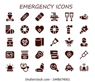 emergency icon set. 30 filled emergency icons.  Collection Of - Doctor, Bandage, Hospitalization, Crutches, Bandaged finger, Sling, Lifesaver, Hospital, Extinguisher, Torch, Medicine