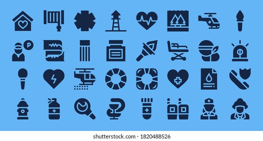conjunto de iconos de emergencia. 32 iconos de emergencia rellenos. Incluidos Seguros, Guardia, Enema, Hidrante, Manguera, Cardiograma, Desfibrilador, Medicina, Clínica, Float, Helicóptero, Iconos de Salvavidas