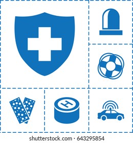 Emergency icon. set of 6 emergency filled icons such as police car, medical sign, bandage, hospital, siren