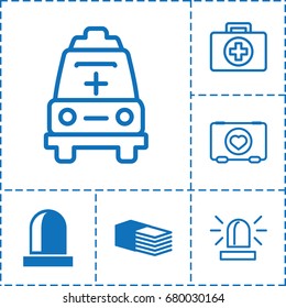 Emergency icon. set of 6 emergency filled and outline icons such as bandage, siren, case with heart, ambulance
