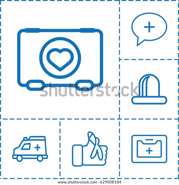 Emergency\
icon. set of 6 emergency outline icons such as case with heart,\
siren, medical kit, injured finger,\
ambulance