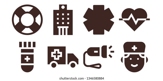 emergency icon set. 8 filled emergency icons.  Simple modern icons about  - Blood test, Lifebuoy, Ambulance, Hospital, Flashlight, Clinic, Doctor, Cardiogram