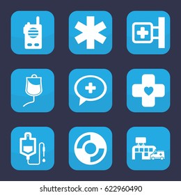 Emergency icon. set of 9 filled emergency icons such as medical cross, drop counter, medical sign, bandage, hospital, lifebuoy