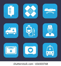Emergency icon. set of 9 filled emergency icons such as case with heart, drop counter, medical kit, doctor, ambulance, bandage