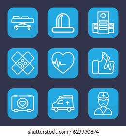 Emergency icon. set of 9 outline emergency icons such as case with heart, hospital, siren, doctor, injured finger, ambulance, heartbeat, bandage