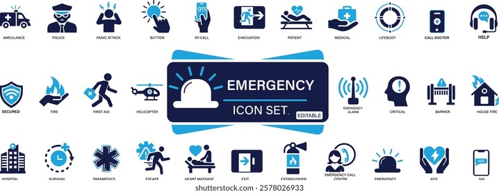 Emergency icon set ambulance, lifebuoy, first aid, police, medical, emergency exit, hospital You can easily change the color.