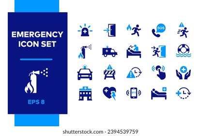 Emergency icon set. Clinical Workflow. Warning road sign. Person in Hospital bed. Medical Treatment. Ambulance. First aid defibrillator. Emergency button. Float. Lifebuoy. Fire door, evacuate. S.O.S