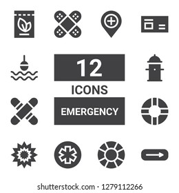 emergency icon set. Collection of 12 filled emergency icons included Exit, Lifesaver, Pharmacy, Explosion, Medical, Hydrant, Bandage, Medicine, Buoy, Hospital