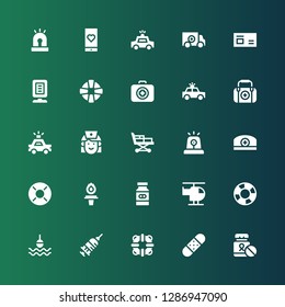 emergency icon set. Collection of 25 filled emergency icons included Medicine, Bandage, Lifesaver, Injection, Buoy, Helicopter, Torch, Lifebuoy, Pharmacist, Siren, Stretcher, Nurse