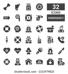 emergency icon set. Collection of 32 filled emergency icons included Medicine, Healthcare, Pharmacist, Insurance, Nurse, Lifeguard, Scalpel, Siren, Flashlight, Hydrant, Heartbeat