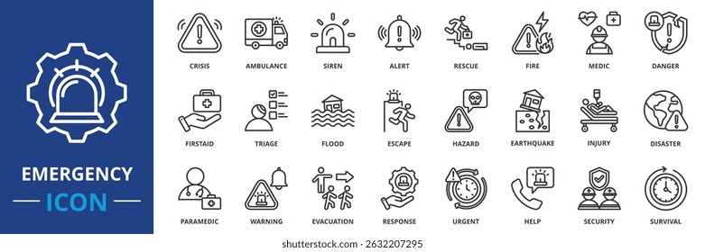 emergency icon set collection in outline style. an icon pack contain alert, rescue, danger, ambulance, siren, medic, fire, crisis, injury, triage