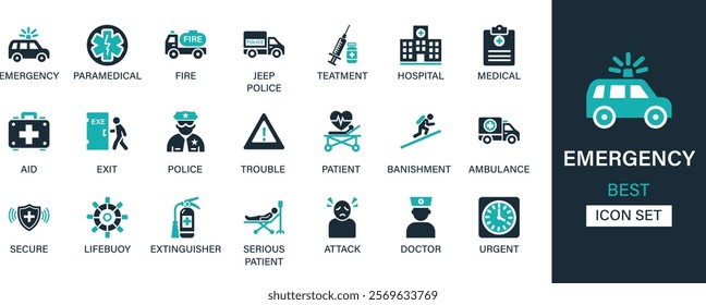 Emergency icon set collection. Paramedical, fire, jeep, treatment, hospital, medical, aid, exit, police. And solid icon set collection.