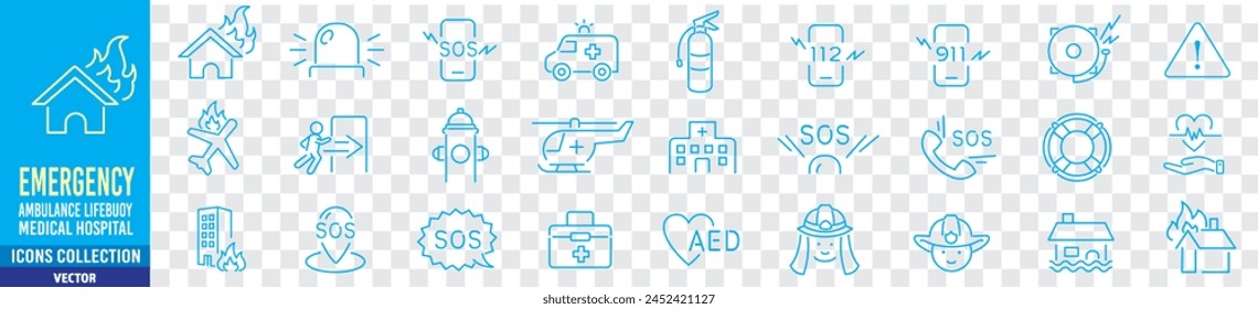 Symbole für Notfall-Symbolsatz-Kollektion-Vektorgrafik