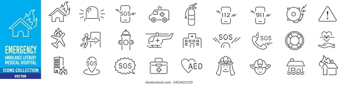 Emergency icon set collection vector line icons
