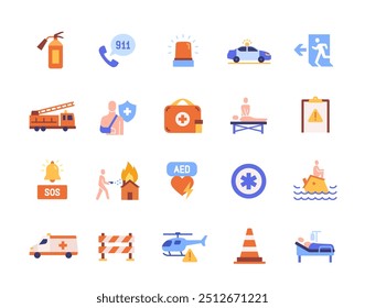 Emergency icon set. Colorful signs with doctor, ambulance, SOS symbol, first aid kit and firefighters. Design elements for app and web. Flat vector illustration collection isolated on white background