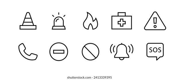 Emergency icon set. Containing ambulance, lifebuoy, first aid, police, medical, emergency exit, hospital and SOS line icons set, editable stroke isolated on white, linear vector outline illustration