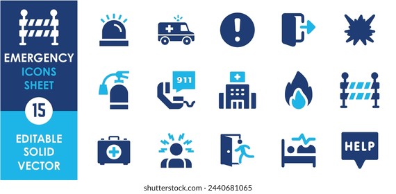 Emergency icon set. Containing ambulance, lifebuoy, first aid and so on. Flat emergency icons set.