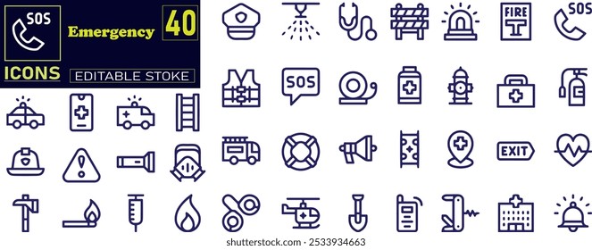Emergency icon set. Containing ambulance, lifebuoy, first aid, police, medical .