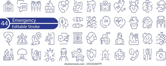 Conjunto de iconos de emergencia. Contiene ambulancia, salvavidas, primeros auxilios, policía, médicos, salida de emergencia, hospital e iconos SOS.