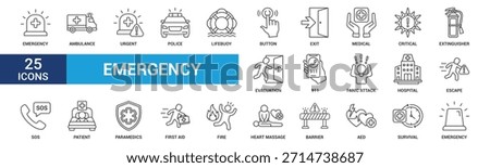 Emergency icon set. Containing ambulance, lifebuoy, first aid, police, medical, emergency exit, hospital and SOS icons. Outline icon collection.