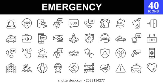 Emergency icon set. Contains such Icons as ambulance, lifebuoy, police, medical, emergency exit, hospital, SOS icons, emergency hotline, Siren, emergency situations and more