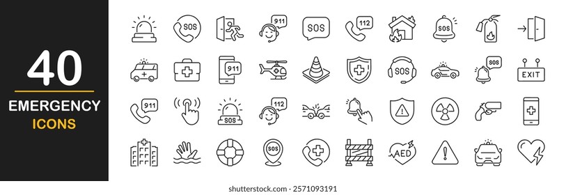 Emergency icon set. Contains such Icons as ambulance, lifebuoy, police, medical, emergency exit, hospital, SOS icons, emergency hotline, Siren, emergency situations and more